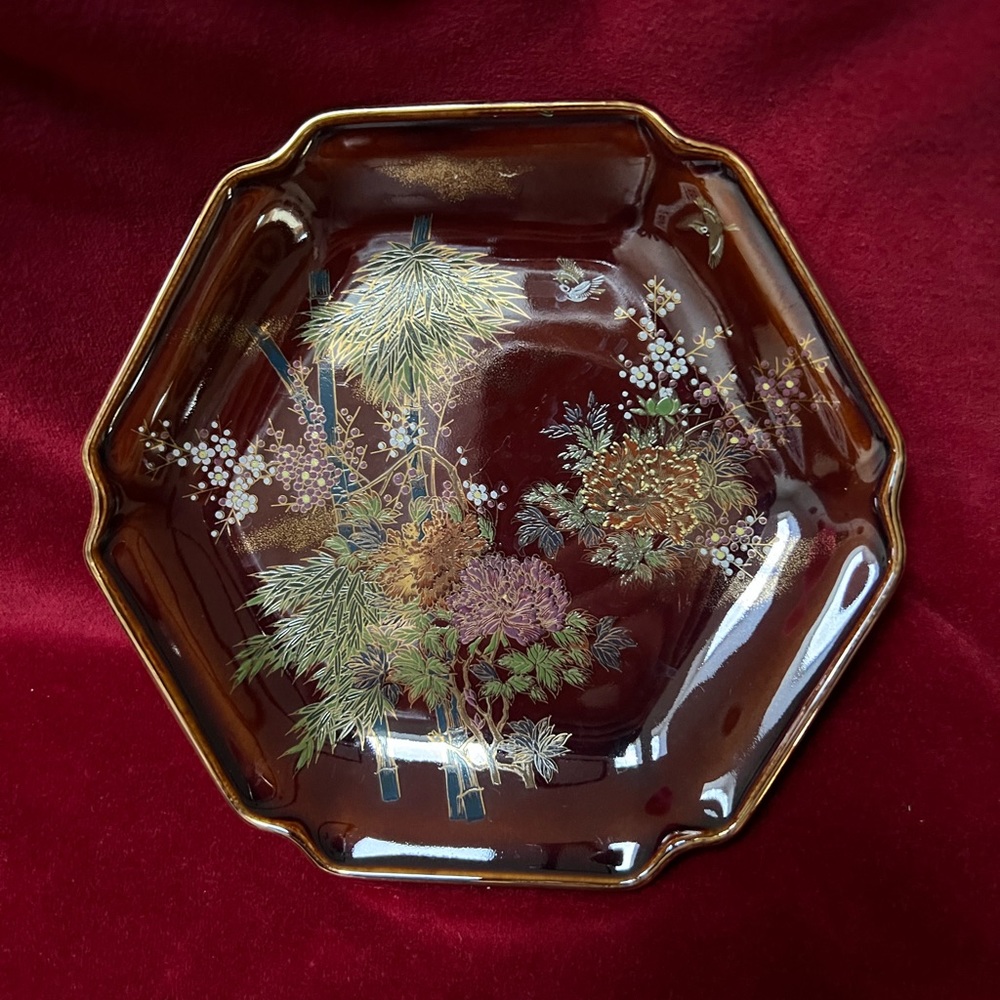 Vintage Japanese Hexagonal Ceramic Plate With Quail, Flowers, Bamboo, Gold Trim.